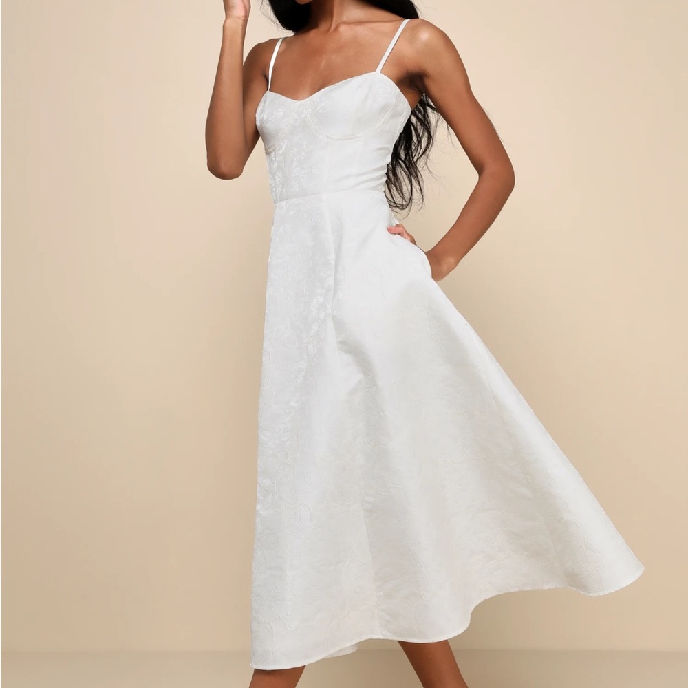 Lulus Meet for Tea White Jacquard Bustier Midi Dress With Pockets